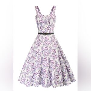 Belle Poque Floral Print Sweetheart Neck Flared A-Line Dress with Belt